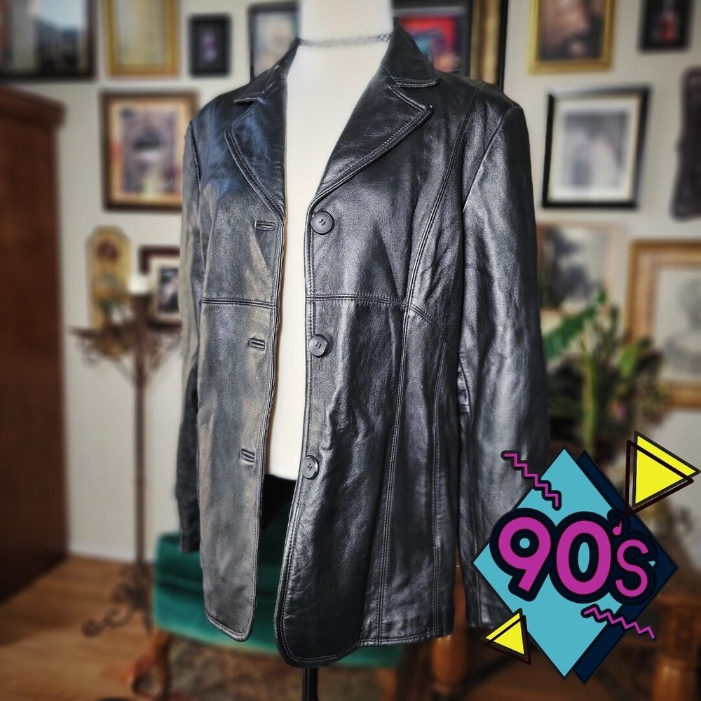 Vintage 1990s M JULIAN Womens Black Leather‎ 3Button Notched Blazer Jacket - XL